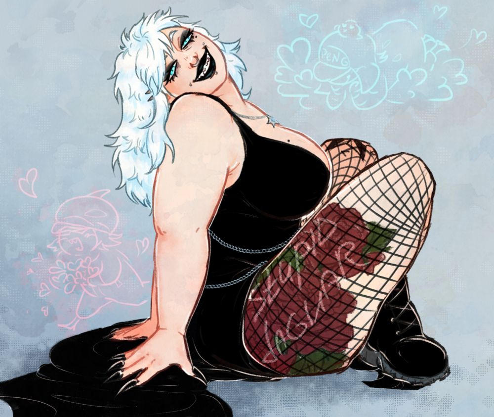 One piece oc, Lor.
Lor is plus size woman in black dress, pale complexion and wild white hair.