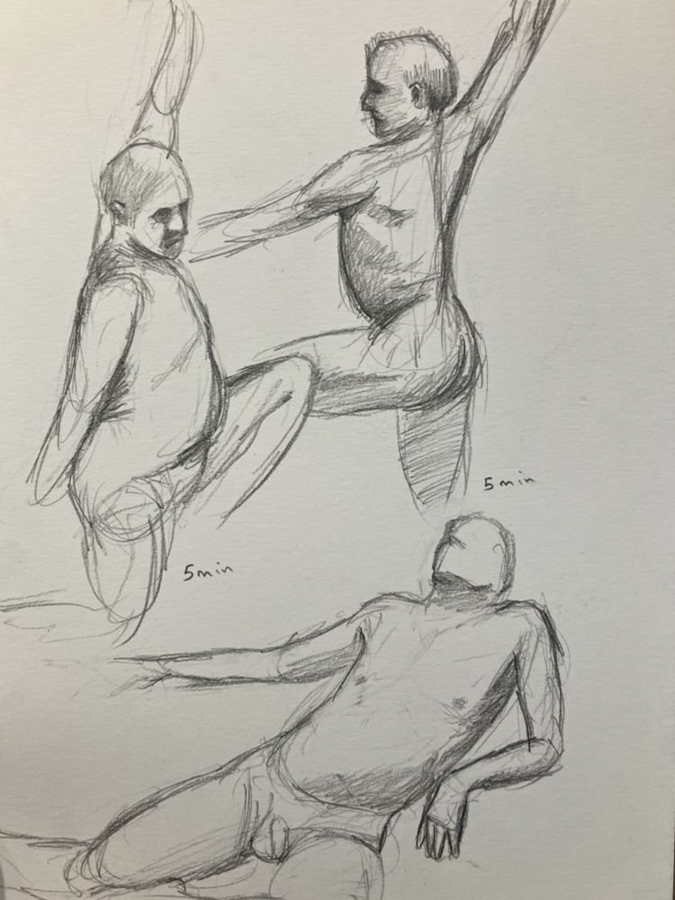 Two pencil drawings of a nude man with his arm extended above his head and one of him reclining 