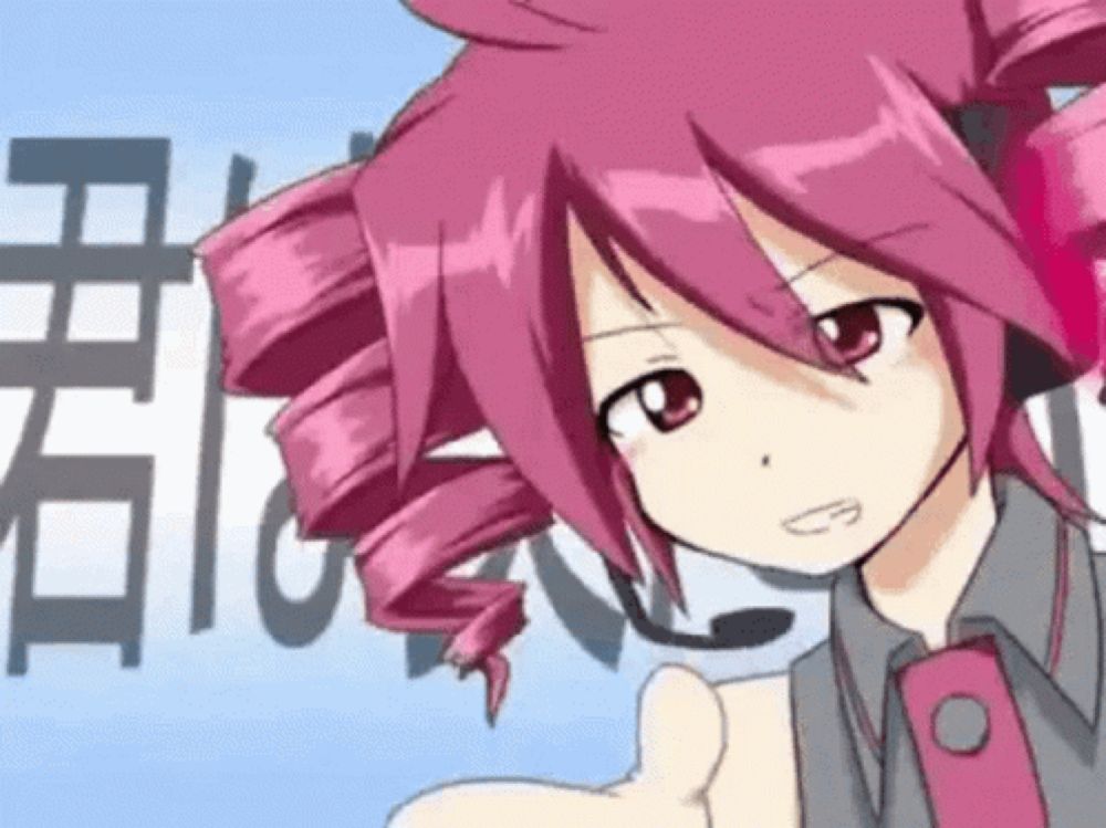 a pink haired anime girl with a microphone on her head giving a thumbs up