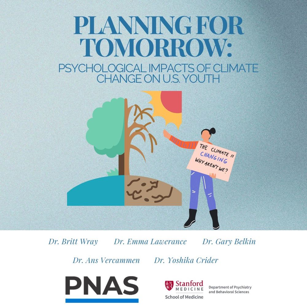Text reads "Planning for tomorrow: Psychological impacts of climate change on US Youth". Illustration shows a green tree on blue soil and half a dry tree on dry soil. A person holds a sign that reads "The climate is changing, why aren't we?"