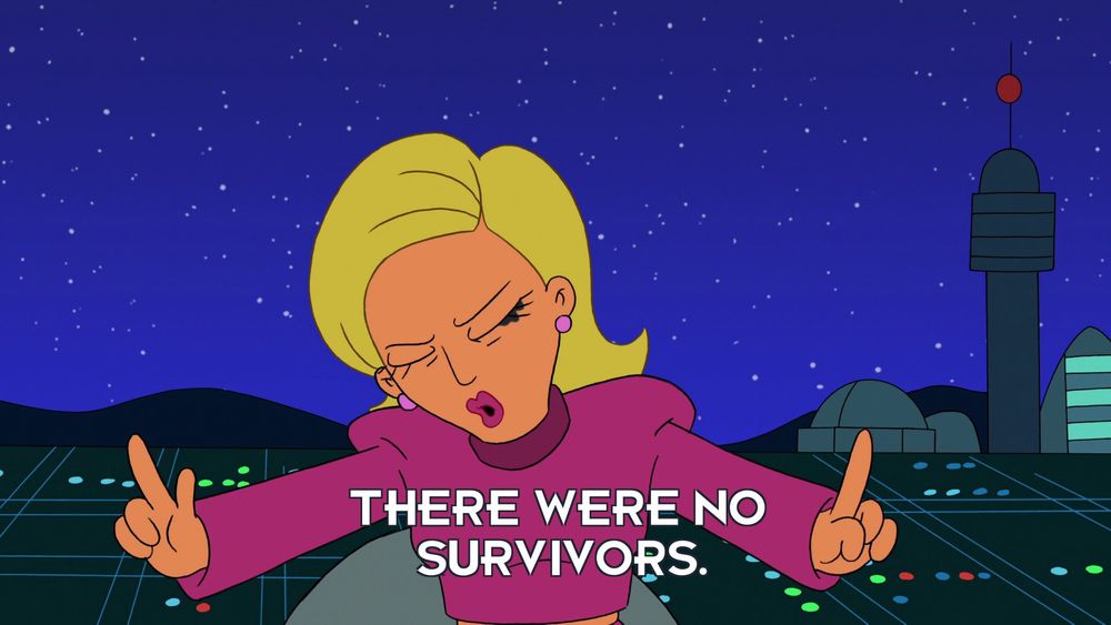 Linda, news anchor from Futurama, drunk and gesturing, eyes closed. She is slurring her way through saying, "There were no survivors."