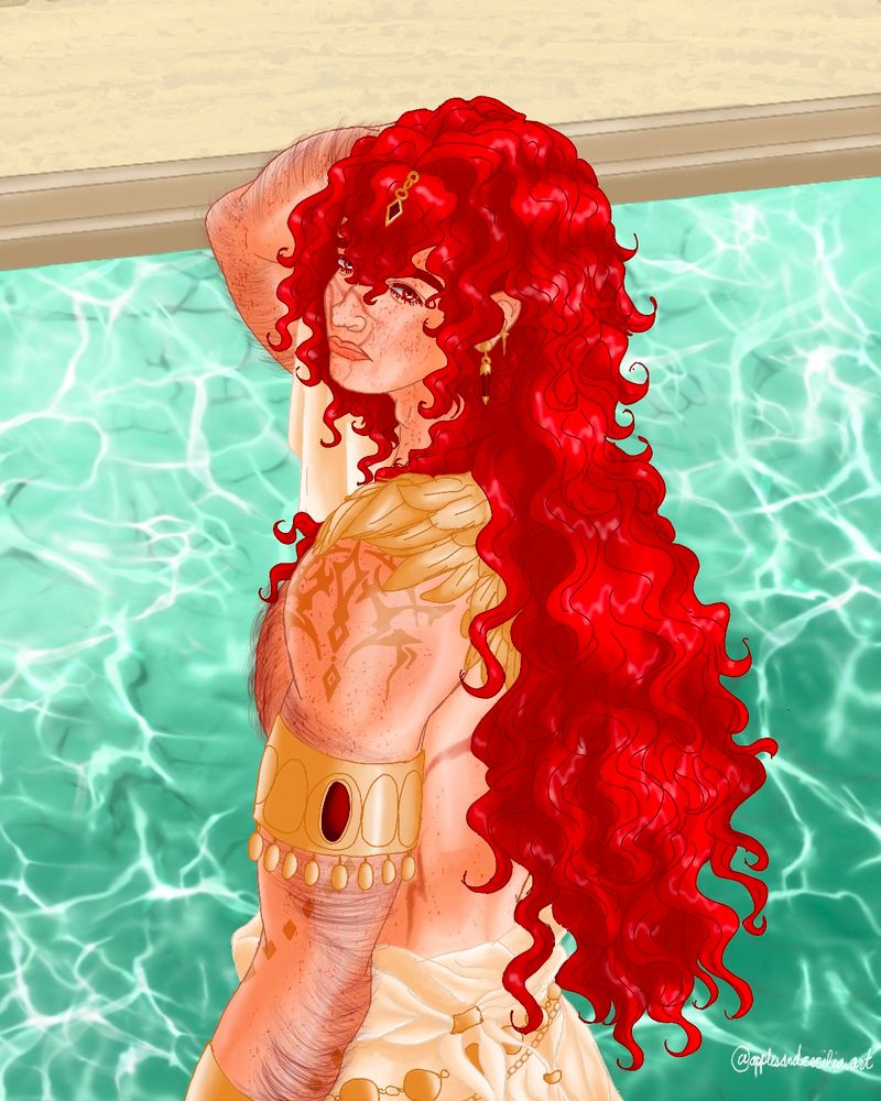 A digital drawing of Diluc from Genshin Impact. He is standing in a pool of water with his back almost turned toward the viewer and right arm raised partially above his head, and is looking over his shoulder with a mildly irritated expression. He wears a white cloth drape around his waist with gold decorations, a pair of gold cuffs on his left arm with a large red gem embedded in the upper one, and a golden feather cowl. His long red hair is loose and falls down his back, and he wears a red jewel pendant over his bangs. There are two gold earrings in his left ear: one is another red jewel pendant, and the other a four-pointed star.