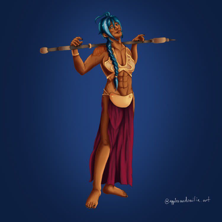 A drawing of Kaeya from Genshin Impact in Princess Leia’s notorious slave outfit from Return of the Jedi