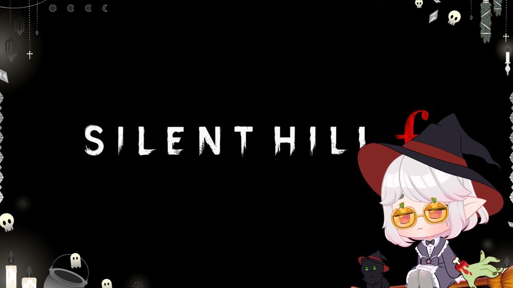 Screenshot of the Silent Hill f video game home screen, with the game's title in the center on a black backdrop. Vtuber LazyMoop is dressed as a witch sitting on a broom in the corner.