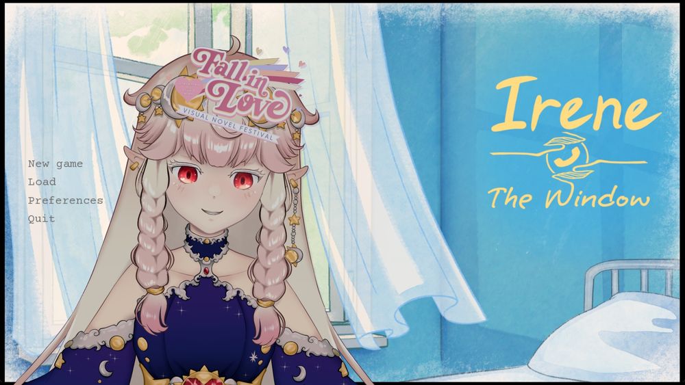 Screenshot of the title screen for the game Iren the Window, with vtuber Lazymoop posing in front of it.