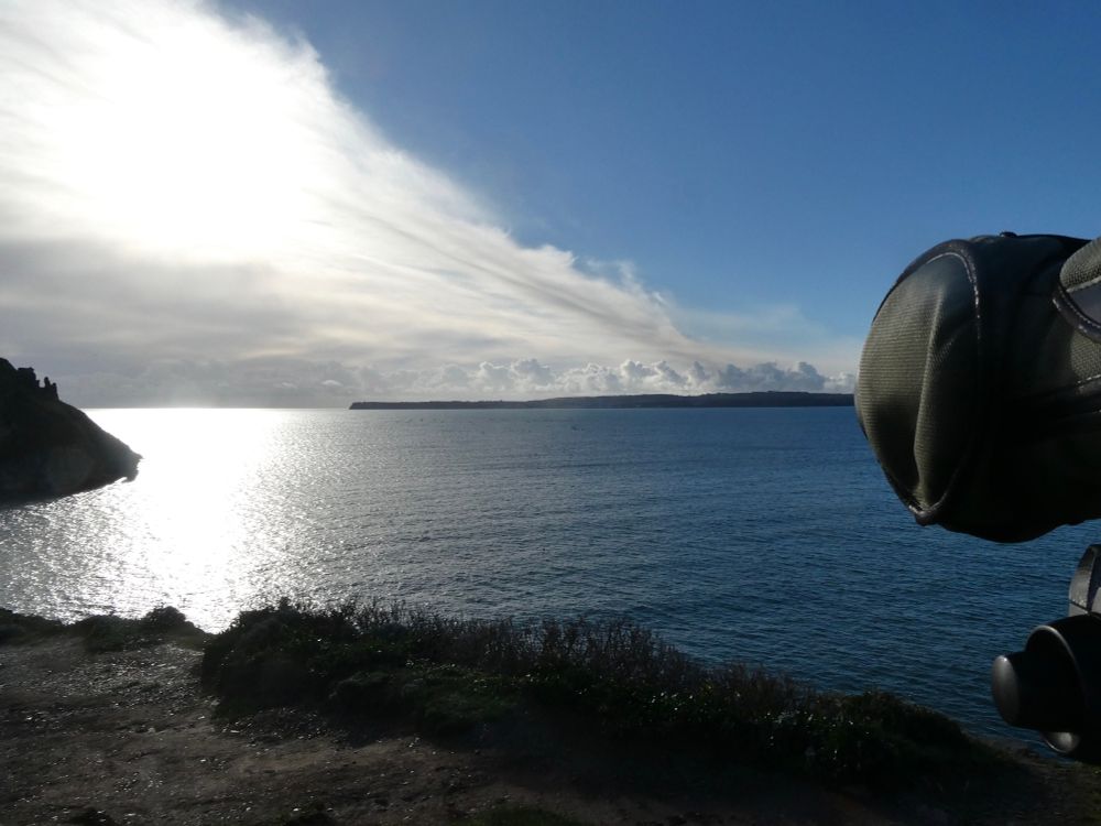 The view from Thatcher Point {not that Thatcher}, with part of Thatcher Rock {not that Thatcher, either} to the left and Berry Head on the horizon.
The scoter are to the right of the oyster beds {black blobs of buoys}. Yep, REALLY close!