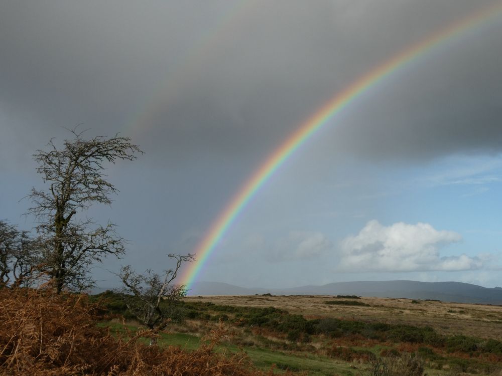 Double rainbow, seen from Holne Lee looking towards Hamel Down. This has not been altered at all; it was intense!