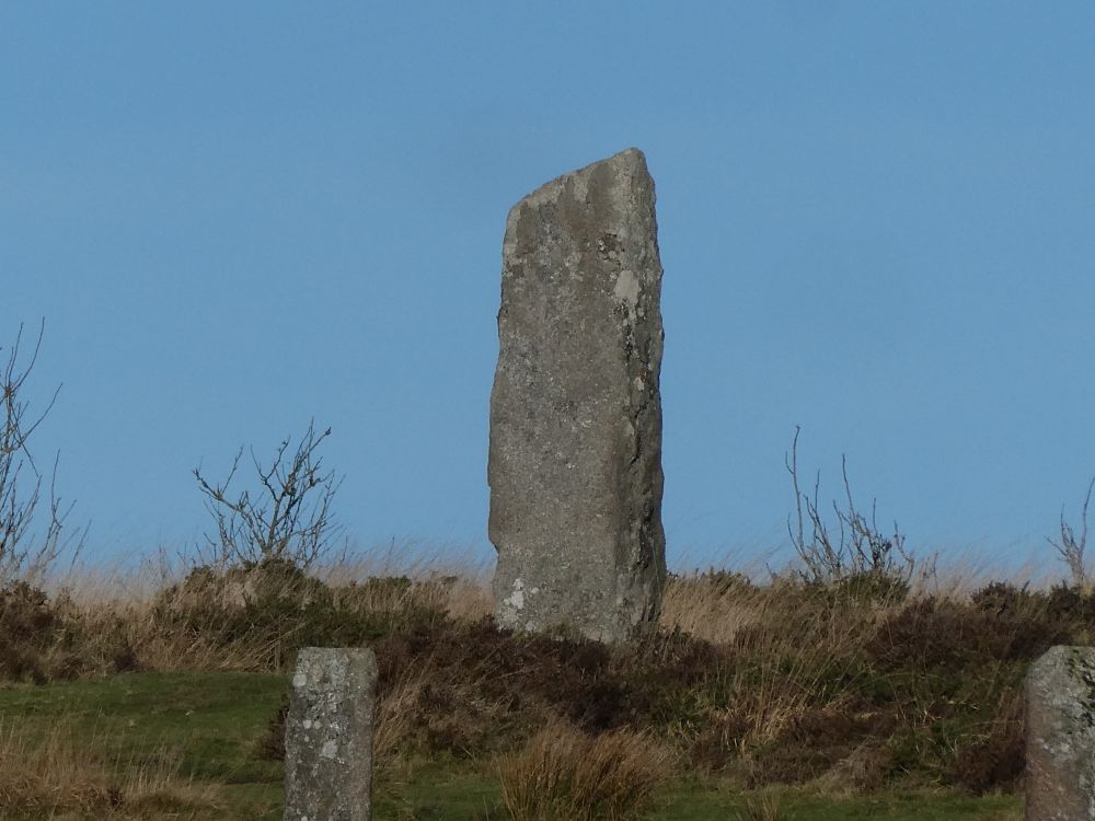 The Laughing Man, menhir with remains of a double stone row, Laughter Tor, Dartmoor.
Taken from range for a different angle of view. Gateposts in foreground may well have once been part of his row..