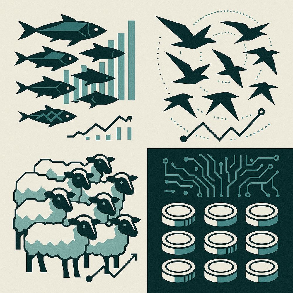 AI generated image showing flock of sheep, shoal of fish, flock of birds and swarm robots