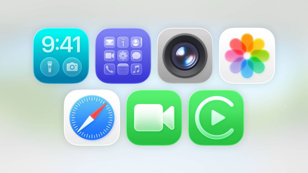 New iOS default app icons in a bubbly, opaque glass design