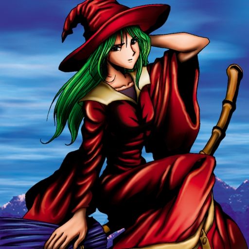 Image from 'Mystical Sand' Yugioh card, depicting a witch with green hair and red robes, in front of a background containing a blue cloudy sky and purple mountain range 
