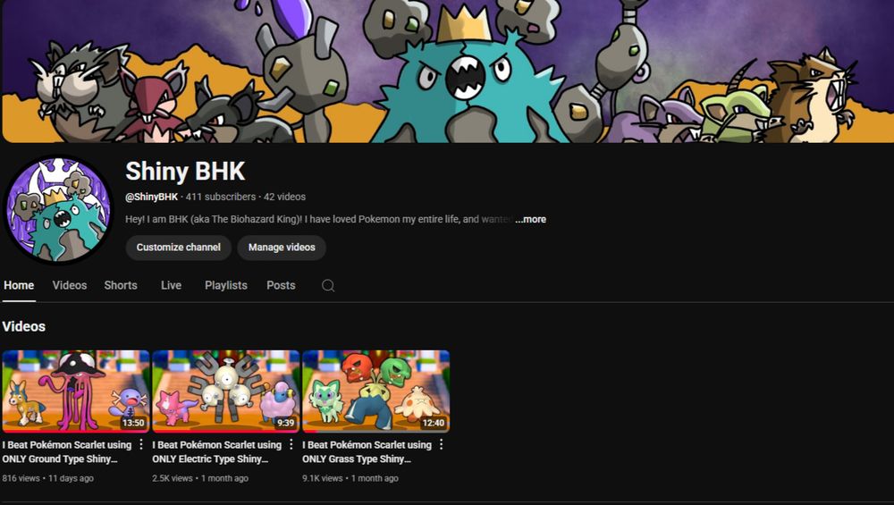 An image of the YouTube Channel "Shiny BHK"
This channel hunts for Shiny Pokemon! The banner and logo show a shiny Garbodor and a couple Rattata!