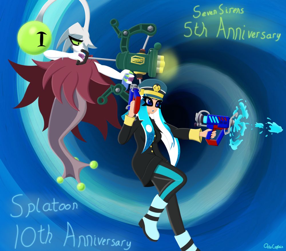 An art piece with Anglerfish Siren from Shantae and the Seven Sirens (May 28th, 2020) and my Splatoon OC Captain from Splatoon (May 28th, 2015). 

Captain is depicted on the lower right in her Timeskip (aged up/adult) design, wielding her Glooga Dualies and firing one to the right, with the other held up. Her pose is akin to jumping backwards, in a way. 

Anglerfish Siren is depicted behind her and at the upper left, holding a slightly customised Wellstring V from Splatoon and charging it, aiming to the right as well. Her pose is more akin to leaping above, and her angler lure is just as focused on aiming as she is.

The background depicts a huge whirlpool or vortex look, with the respective anniversary text as indications of their represented anniversaries!
