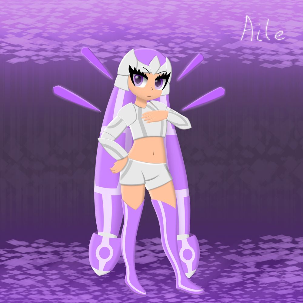 Art piece of Fettuccine (on Art Fight)’s character Aile, a robot girl with a sort of mix of metal armoured parts alongside magenta “hair”(?) and legwear.