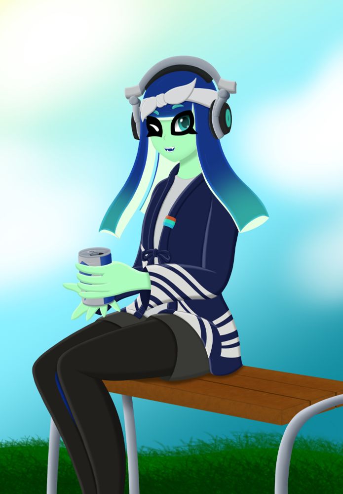 Stitches, character by @crowngamer901.bsky.social! She’s sitting on a sorta outdoor bench with a can of soda! She’s enjoying it I feel!