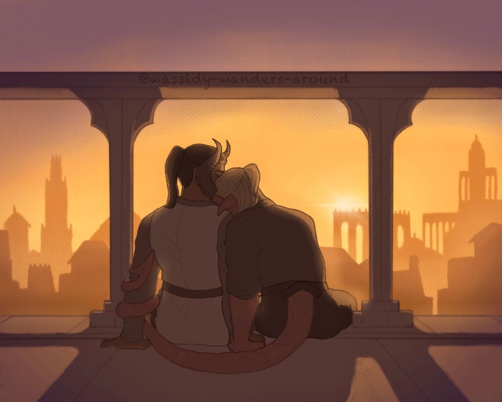 A digital illustration of Zevlor and his late husband, Asher, sitting between the parapets looking at the sunset over Elturel. 