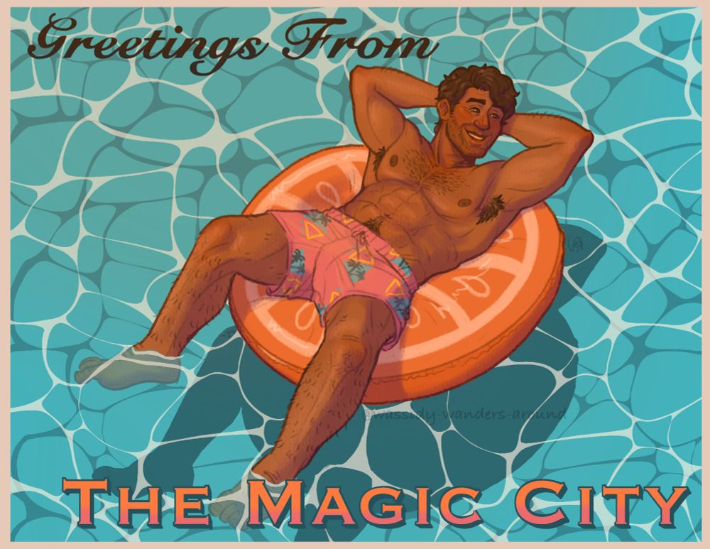 A digital illustration of Miguel Bravo from Catch Me in Miami in a pool, reclined of an orange slice floaty. The text around him reads "Greetings from The Magic City." 