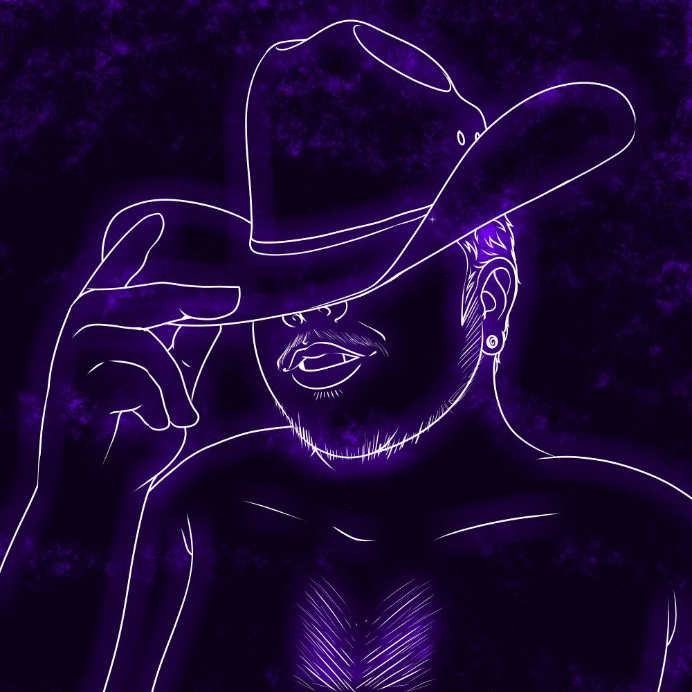 A drawn, purple neon themed image of Engie tipping a cowboy hat. It has been traced based on a selfie he has posted previously, and emphasizes his collarbones, scraggly side of his head, and facial hair.