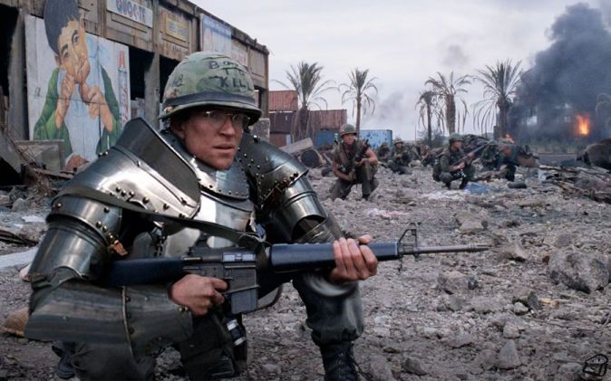 A scene from Full Metal Jacket but the soldier is wearing a suit of armour