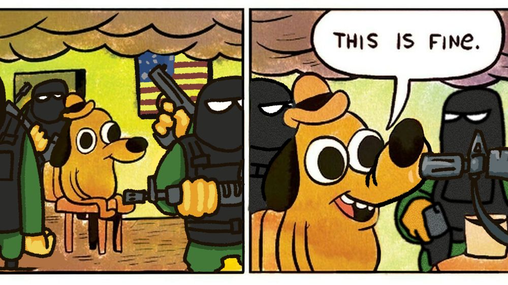 The This is fine cartoon but it's Trump's America with empowered masked gangs waving guns at everyone