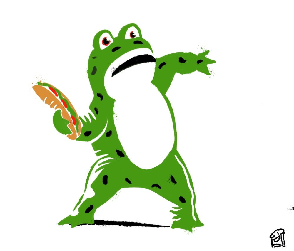 An inflatable frog costume throwing a sub in the style of Banksy