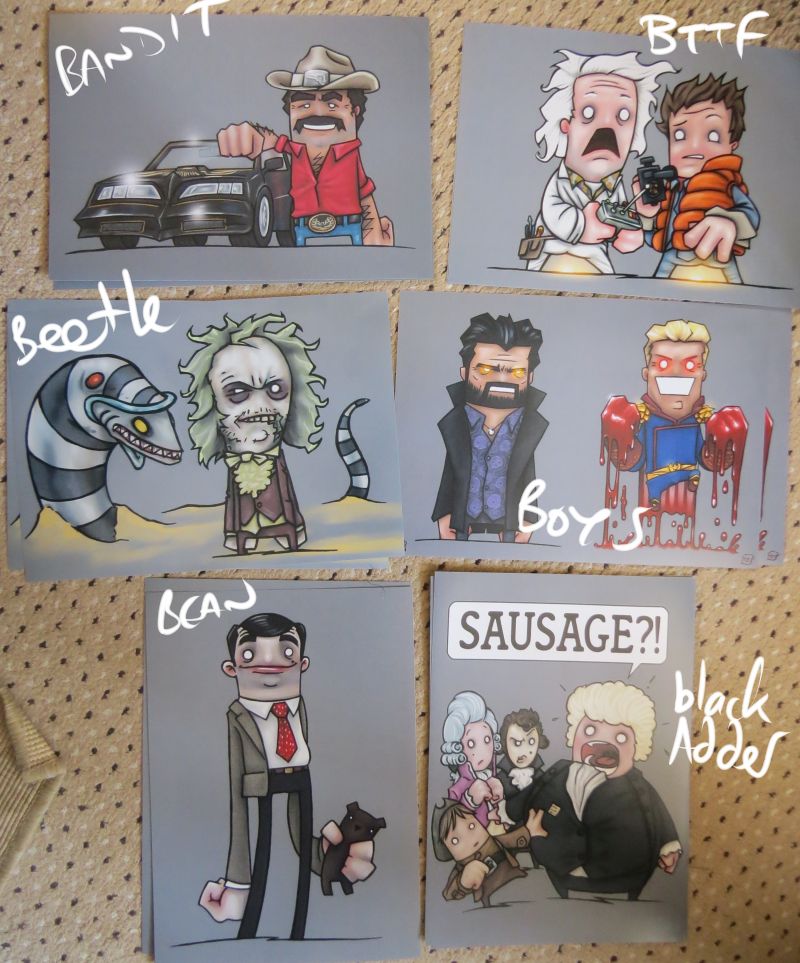 HappyToast print sale, Smokey and the Bandit, Back to the Future, Beetlejuice, The Boys, Mr Bean, Blackadder Sausage
