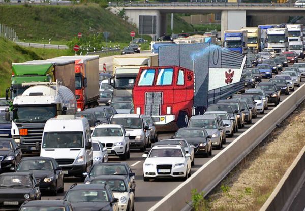 Optimus Prime stuck in bank holiday traffic