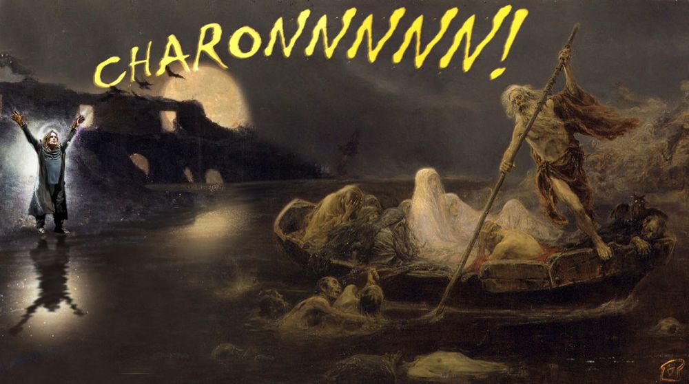 La Laguna Estigia" (The Stygian Lake) a painting by José Benlliure y Gil but with Ozzy added at the side shouting CHARON!