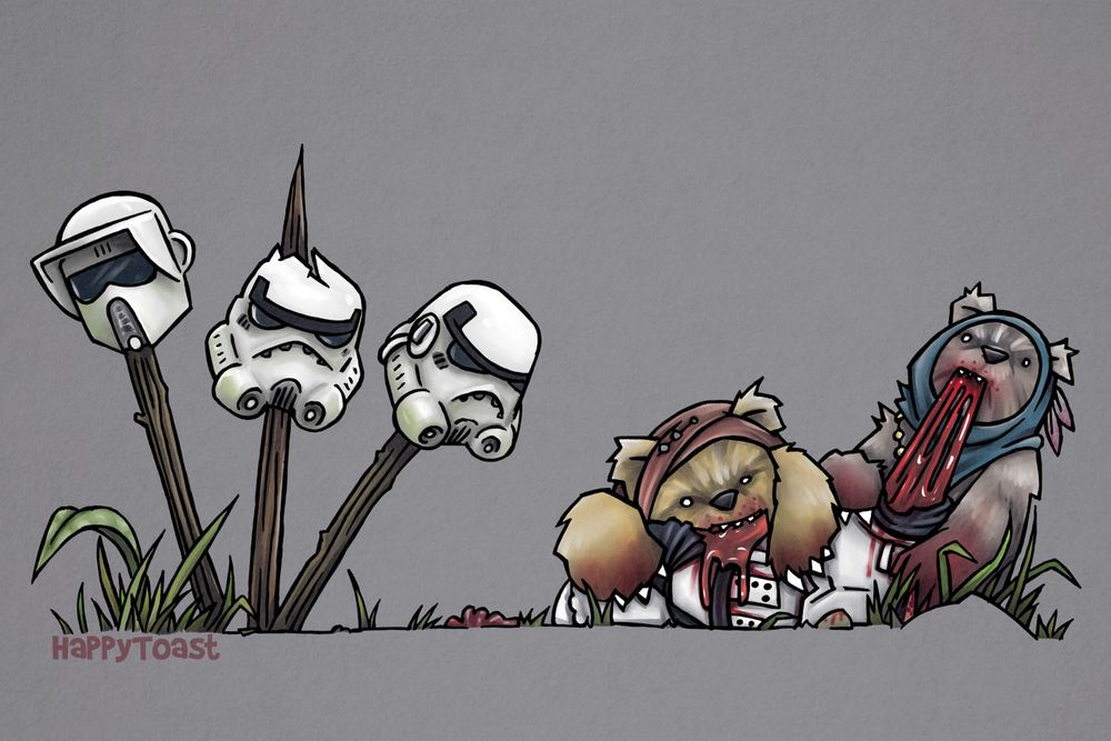 (Star Wars) Ewoks chewing on a Stormtrooper next to some impaled Imperial helmets