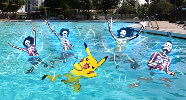 Pikachu in a swimming pool electrocuting everyone
