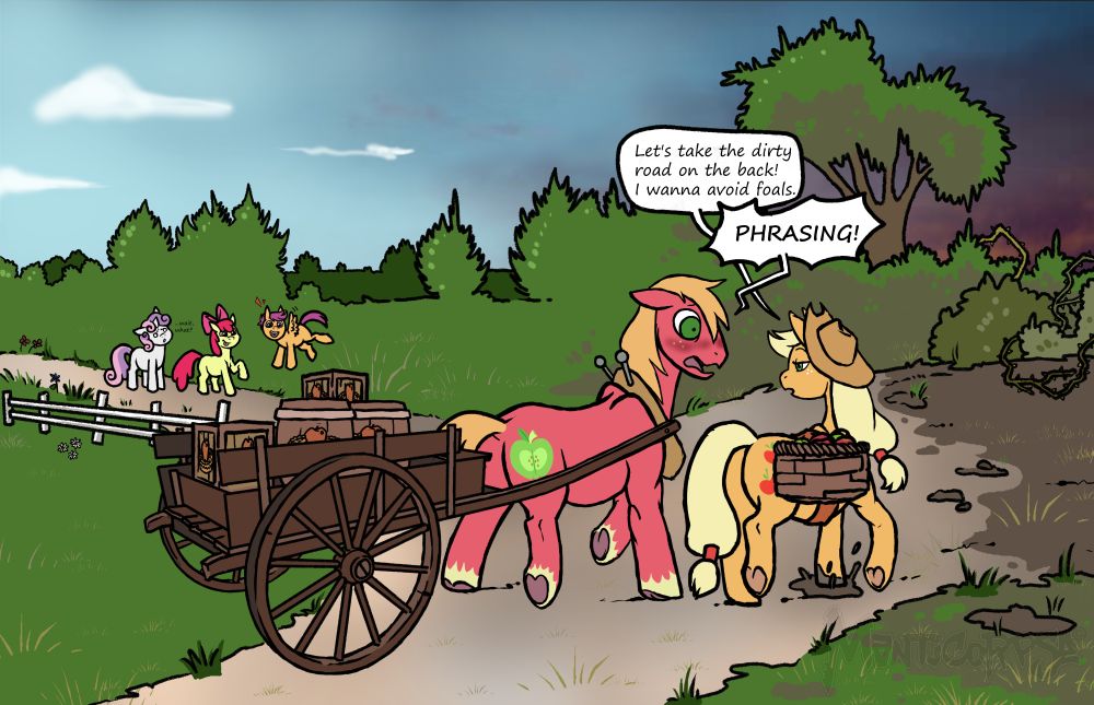 Applejack and Big Mac carrying a shipping of apple pies away from the Cutiemark Crusaders and accidentally making a dirty joke about taking then"dirty road on the back".