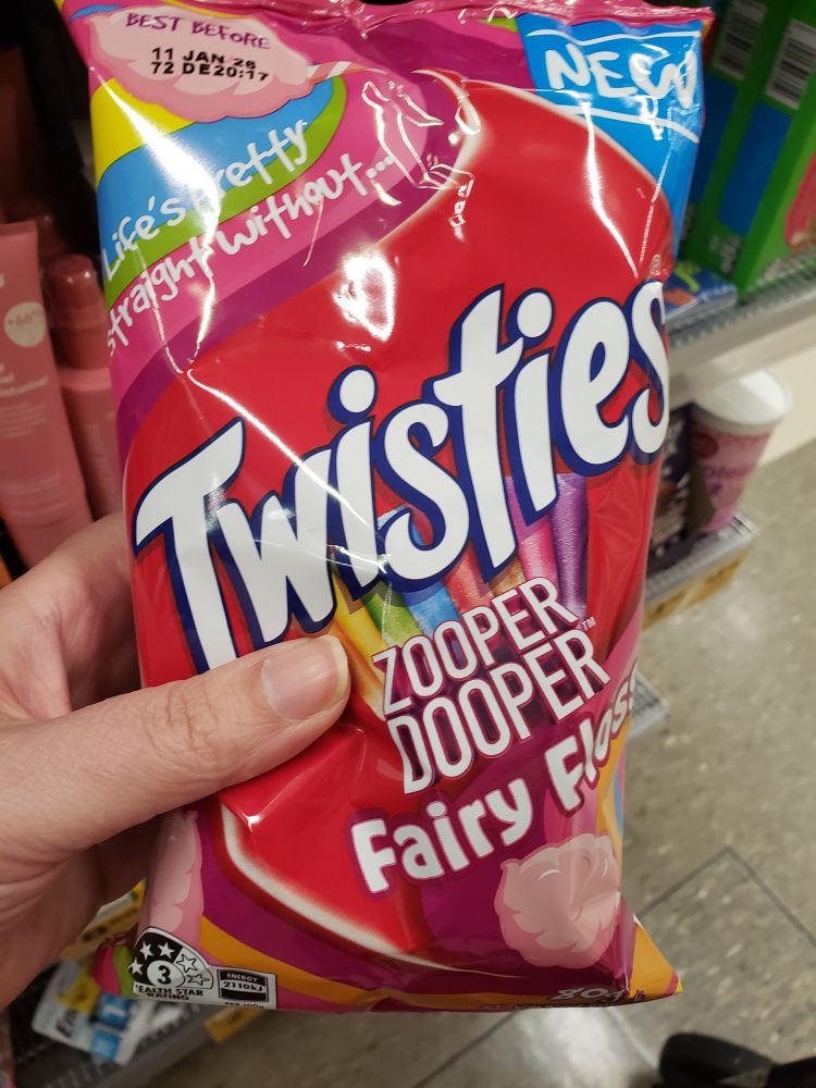 A pack of zooperdooper fairy floss flavour Twisties.