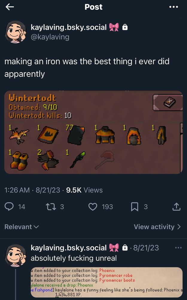 my twitter post from 2023 showing that i got phoenix pet at 10 wintertodt kc