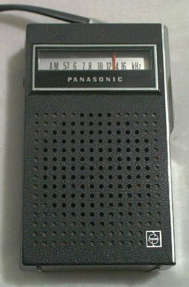 Panasonic AM transistor radio (hand-held size). Black plastic with a silver/gray AM tuning band.