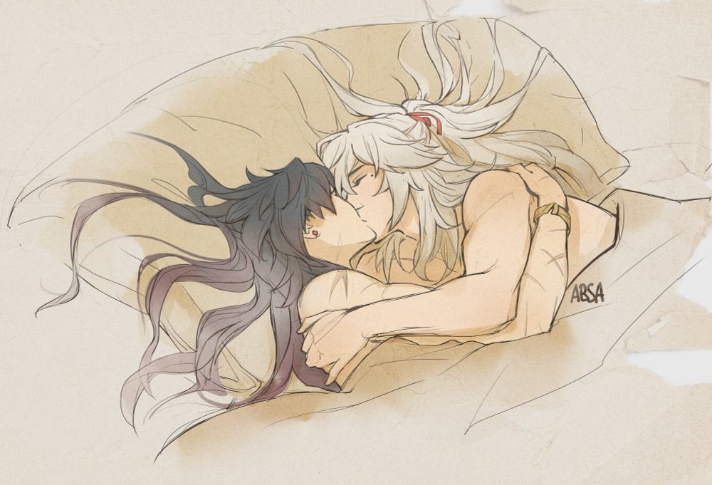 A sketch of Blade and Jing Yuan from HSR, kissing in a bed