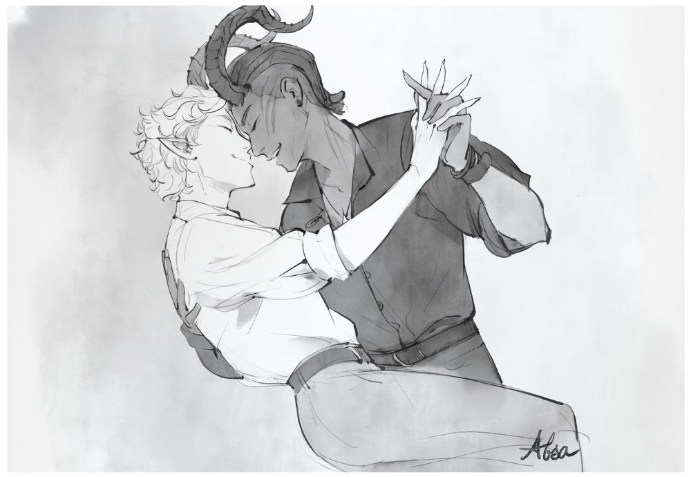 Astarion and Wyll dancing together, B&W watercolor