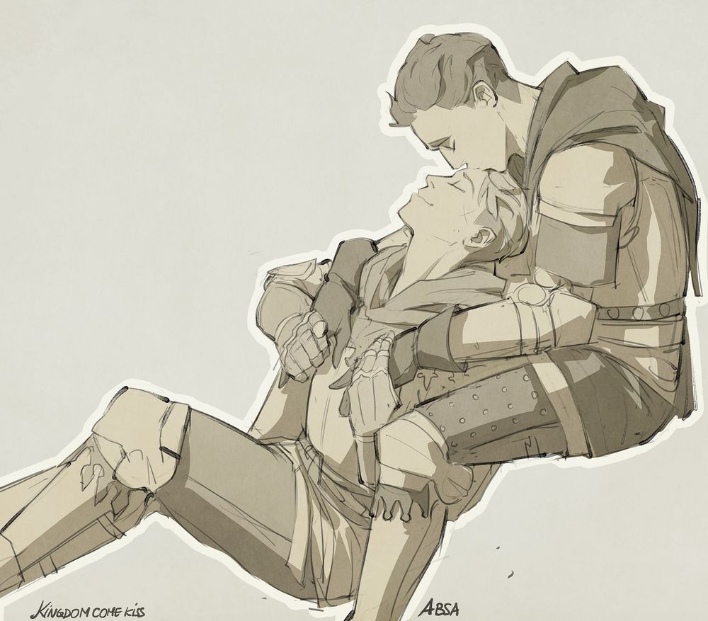 Hans from the game kingdom come delivrance, he's sit between Henry's legs, who kisses him on the forehead.
