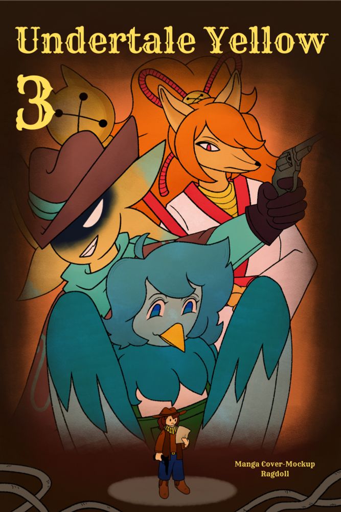 A manga cover mockup based off a poster for the movie "The Good, The Bad, and The Ugly" for the Undertale fangame, Undertale Yellow. Clover is forefront, with Marlet, Starlo, and Ceroba posed behind.