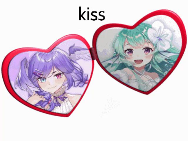 two heart shaped mirrors with purple and green anime girls on them and the word kiss above them