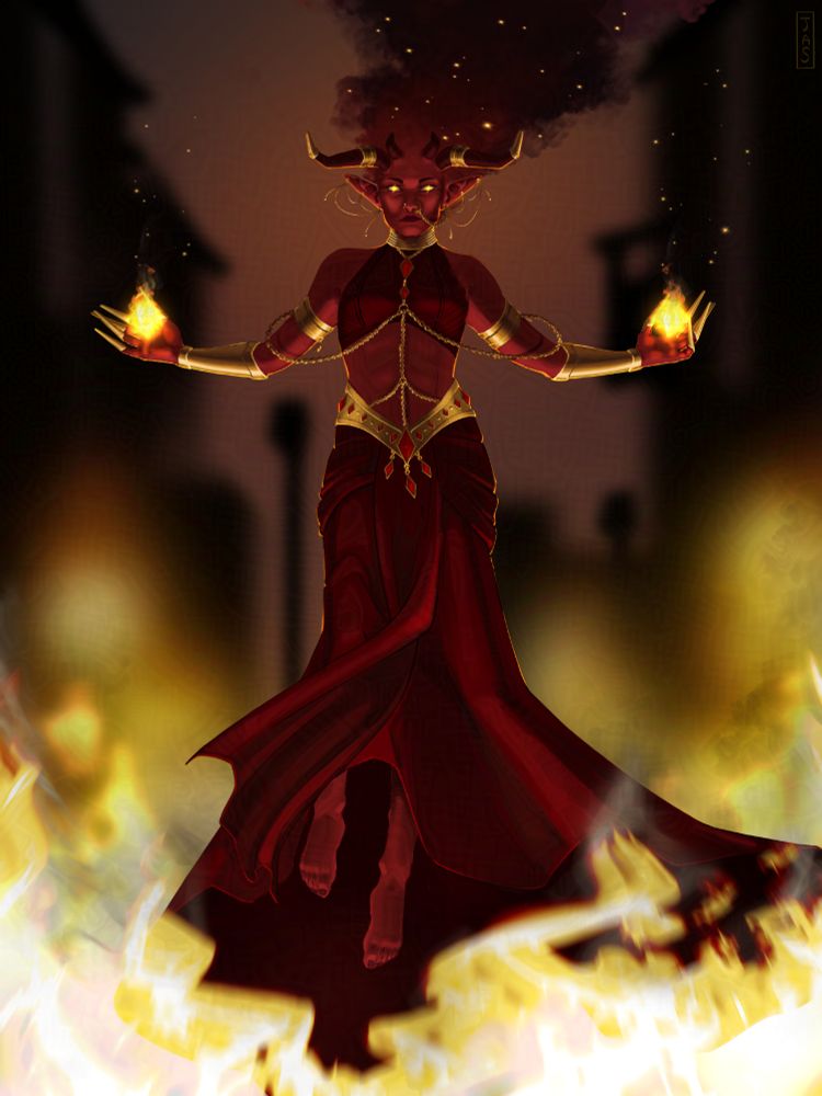 A horned, red woman floats above flames, as she casts hellfire on an townscape. She's decorated in gold jewellery and chains, with garnet gemstones embedded in her necklace and belt. With glowing embers and black smoke emitting from her head, she smirks down at the viewer.