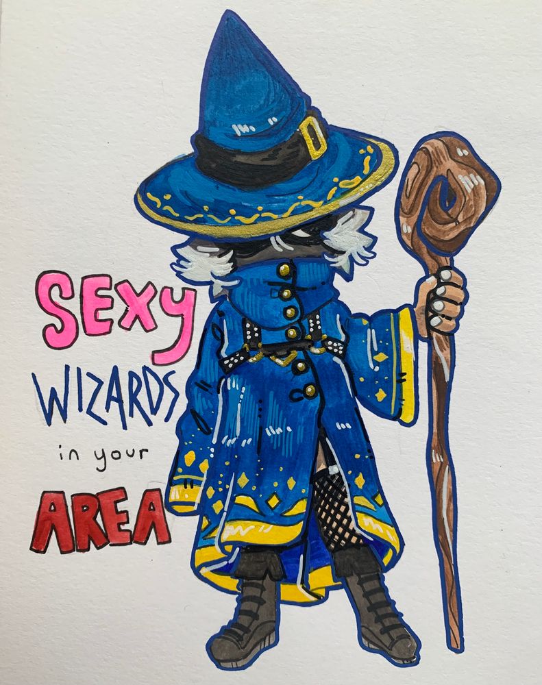 traditional artwork of a wizard wearing fishnets and a garter belt, with the text “sexy wizards in your area”