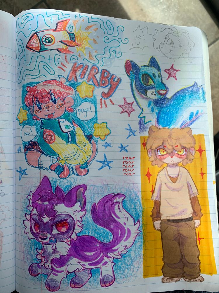 a doodle page with a kirby gijinka, a bear boy, a blue feral creature, and a purple and white cat thing!