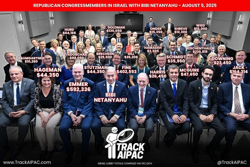 Check out AIPAC’s congresscritters spending August recess in Israel cheesing with wanted war criminal Bibi Netanyahu.