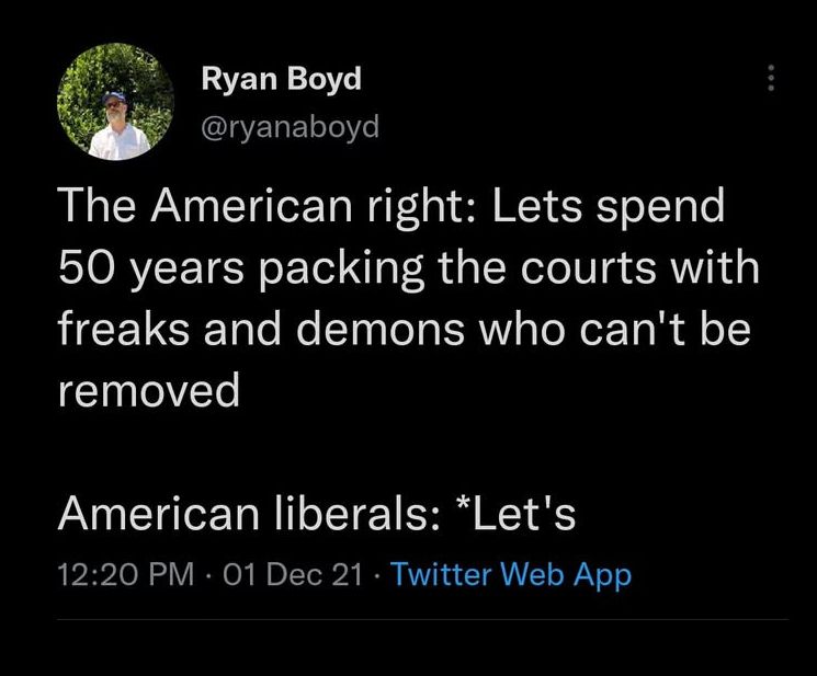 The American right: Lets spend
50 years packing the courts with
freaks and demons who can't be
removed

American liberals: *Let's

Ryan Boyd
12:20 PM - 01 Dec 21 - Twitter Web App