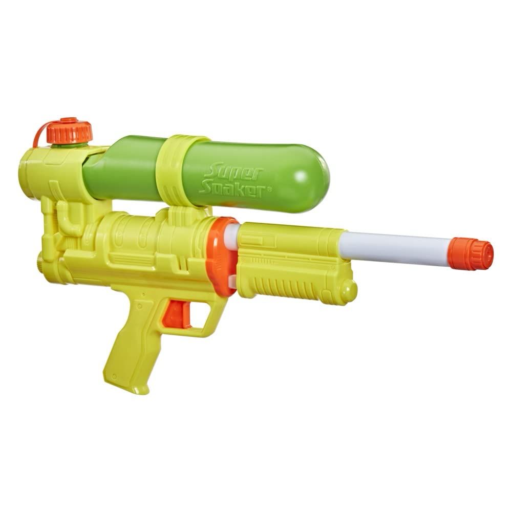 Image of a super soaker squirt gun. Green pressure/reservoir bottle, yellow body, yellow pressurizing handle, orange trigger and end cap. 