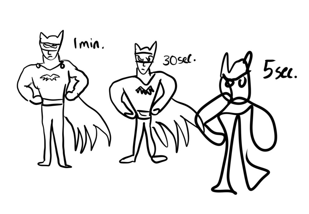 Three drawings of Batman- 1 minute 30 seconds and 5 seconds. Each drawing gets increasingly messy and simple