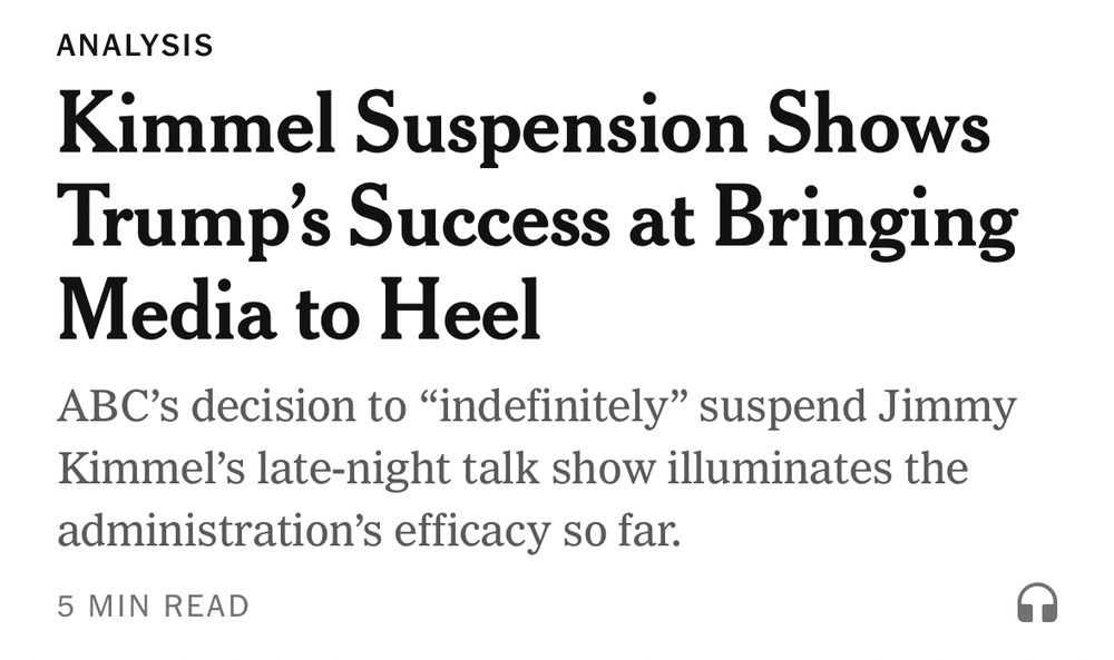 ANALYSIS
Kimmel Suspension Shows Trump's Success at Bringing
Media to Heel
ABC's decision to "indefinitely" suspend Jimmy Kimmel's late-night talk show illuminates the administration's efficacy so far.
5 MIN READ