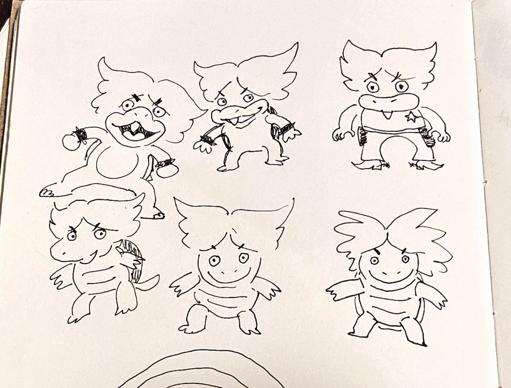 6 doodles of ludwig (mario games). top three are after seeing glimpses of reference images; bottom three are before seeing reference