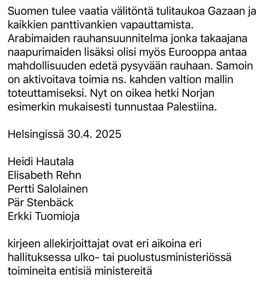 Allekirjoittaneet Heidi Hautala, Elisabeth Rehn, Pertti Salolainen, Pär Stenbeck, Erkki Tuomioja