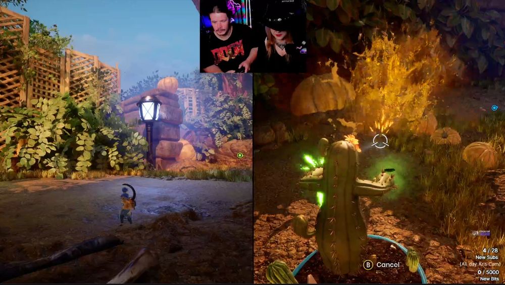 A couple streaming the game it takes two fighting what looks like a tree boss